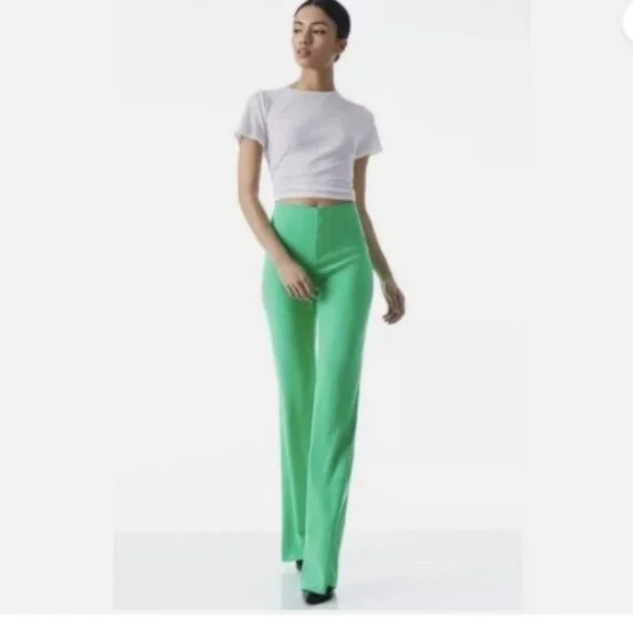 ALICE + OLIVIA Garden Green Flare Pants 10 High Waist Statement Designer Luxe - Picture 3 of 9